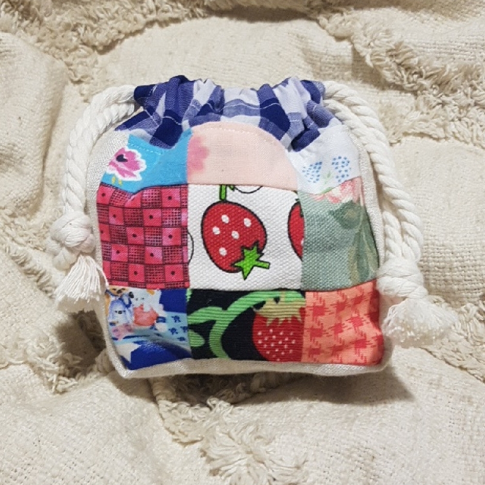 Mini Patchwork Drawstring Mini Bag | Strawberry & Floral Folk Mix